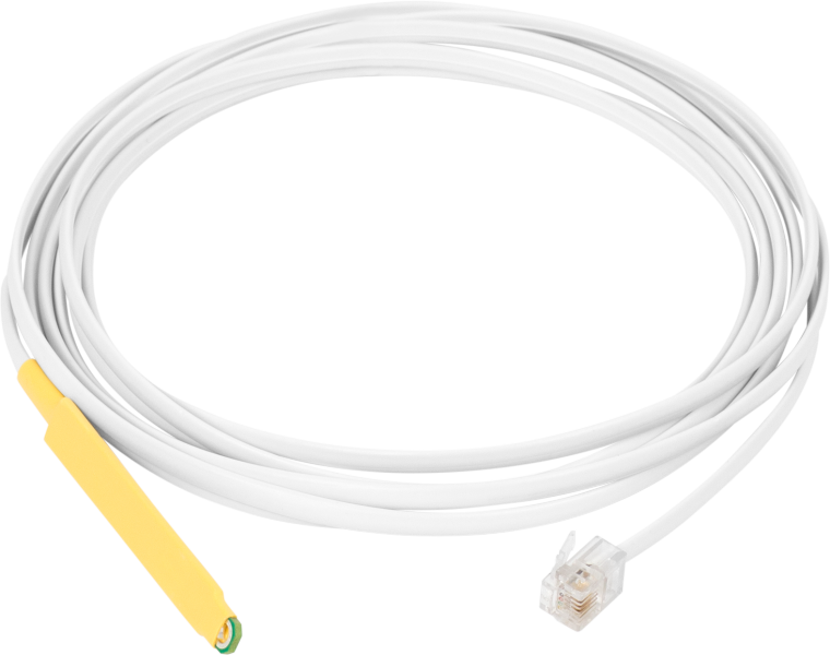 Temperature & Humidity sensor (-30 to +80 °C, 0 to 100% RH) on a 3 meters long cable with a 1-Wire RJ11 connector. Indoor usage, probe encased in yellow plastic.