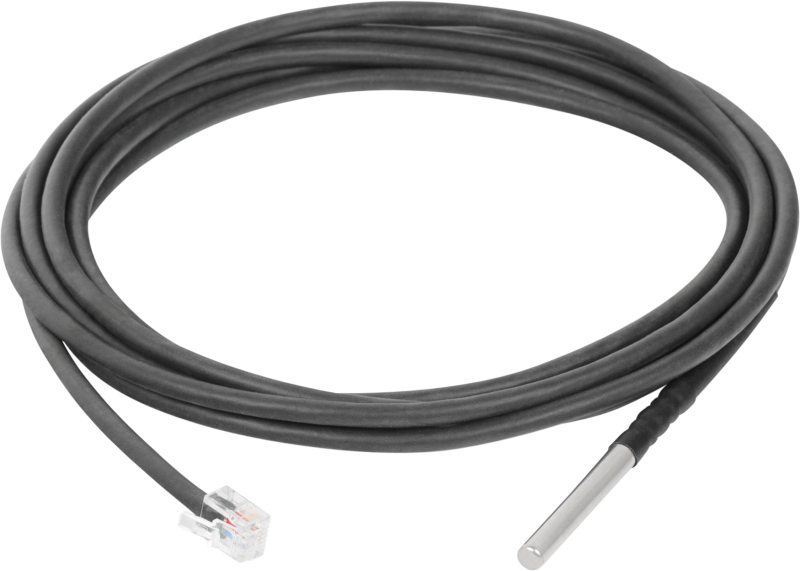 Temperature sensor  (-10 °C to +80 °C) on a 1 meter long cable with a 1-Wire RJ11 connector. IP67 watertight version. probe encased in stainless steel cover.
